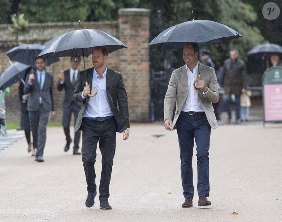 Le prince William et le prince Harry lors de la visite du  Sunken Garden dédié à la mémoire de Lady Diana à Londres le 30 août 2017. AGENCE / BESTIMAGE