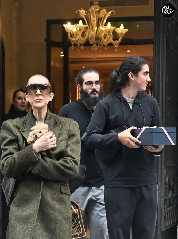 Céline Dion, accompagnée de ses fils Eddy et Nelson Angelil, quitte le palace Royal Monceau à La Plenitude Arena à Paris, après 16 concerts en cinq semaines devant près de 500.000 personnes, le 19 octobre 2026. 
© Christian Liewig / Bestimage