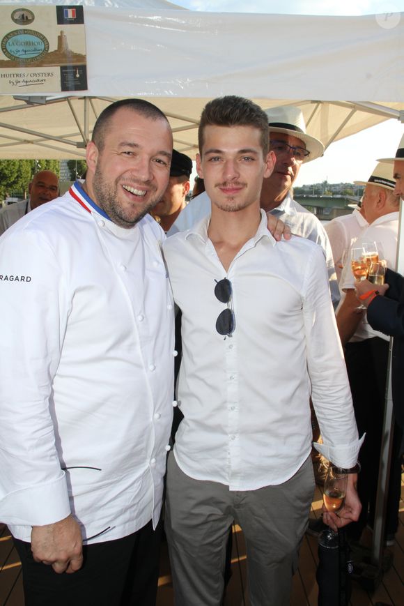 Guillaume Gomez (chef des cuisines du palais de l'Élysée) et Léonard Trierweiler - 6ème édition du Trophée de la Pétanque Gastronomique au Paris Yacht Marina à Paris, France, le 28 juin 2018. © Philippe Baldini/Bestimage