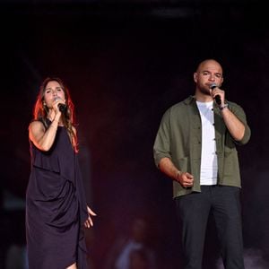 Joyce Jonathan et les membres de l'Avvinta durant Corsu Mezu Mezu, le concert emmené par Patrick Fiori qui a eu lieu au stade Orange Vélodrome à Marseille, le 22 mai 2026, diffusé le 28 août sur France 3.. © Bruno Bebert/Bestimage
