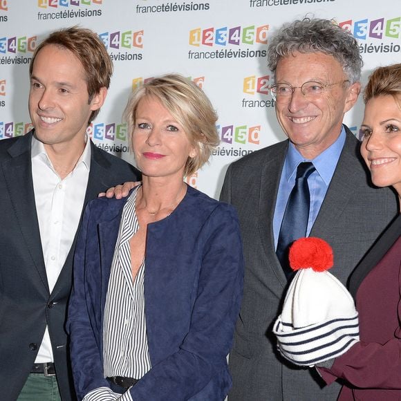 Sophie Davant avec Damien Thevenot, Laura Tenoudji et Nelson Monfort lors de la conférence de presse de la 29 eme édition du Telethon 2015 a France televisons a Paris, France, le 04 Novembre 2015. Le Téléthon 2015 aura lieu le 21 Novembre 2015. Photo de Pascal Baril/Planete Bleue Images/ABACAPRESS.COM