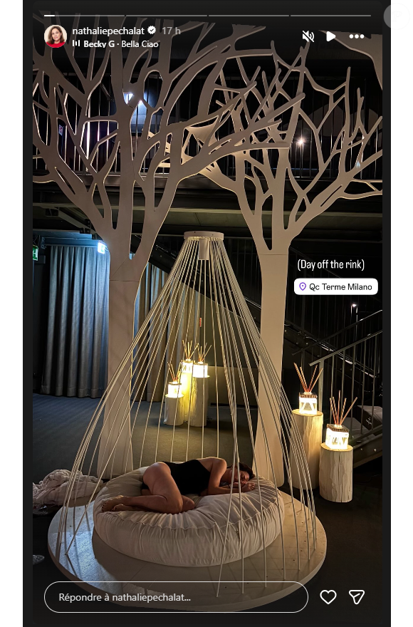 Pendant les Jeux olympiques d'hiver, Nathalie Péchalat profite d'un moment de détente aux thermes de Milan. Le 14 février 2026.