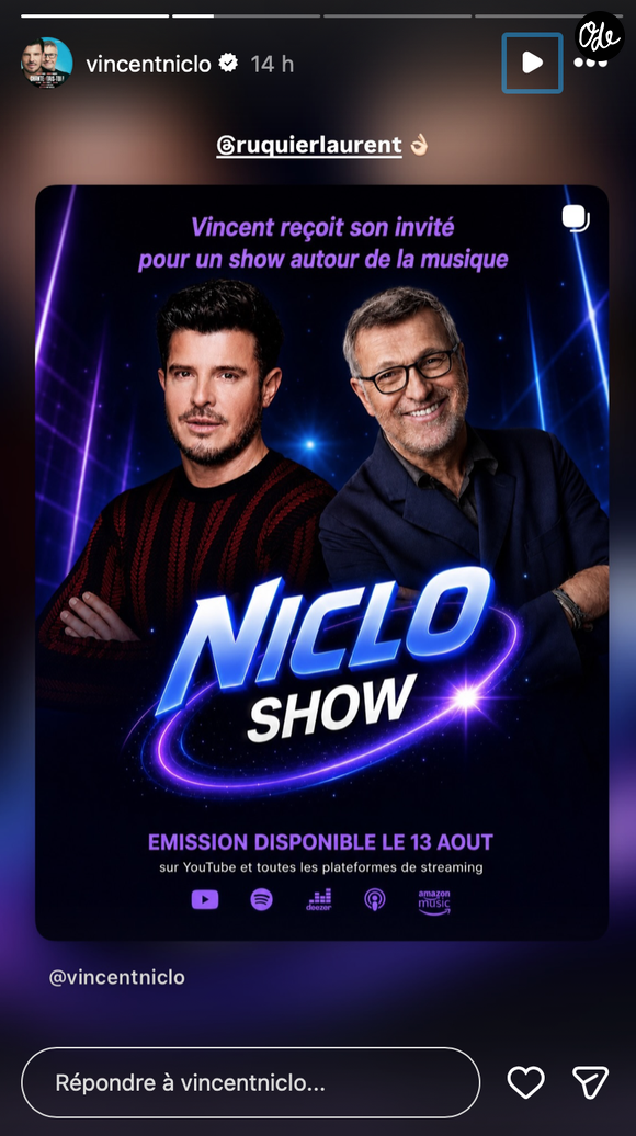 Cette émission consacrée à la musique sera disponible dès le 13 août sur YouTube et les plateformes de streaming.

Capture Instagram - Vincent Niclo