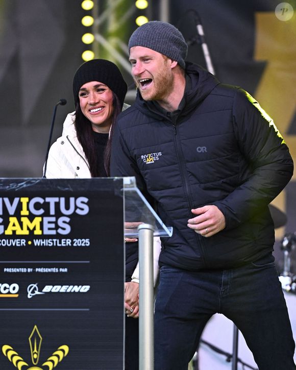 Le duc et la duchesse de Sussex à la cérémonie de bienvenue à Whistler pendant les Invictus Games à Whistler, Canada, le 10 février 2025. Photo bb Bruce Adams/Daily Mail/dmg media Licensing/ABACAPRESS.COM