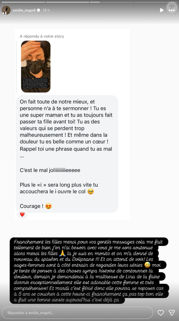 Elle est dans son huitième mois de grossesse et a perdu 3 kilos.

Emilie (Mariés au premier regard), enceinte, file à l'hôpital après des contractions.