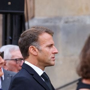Le président Emmanuel Macron arrivant aux obsèques de François Patriat, ancien ministre, en la collégiale de Semur-en-Auxois le 25 août 2026. © Dominique Jacovides / Bestimage