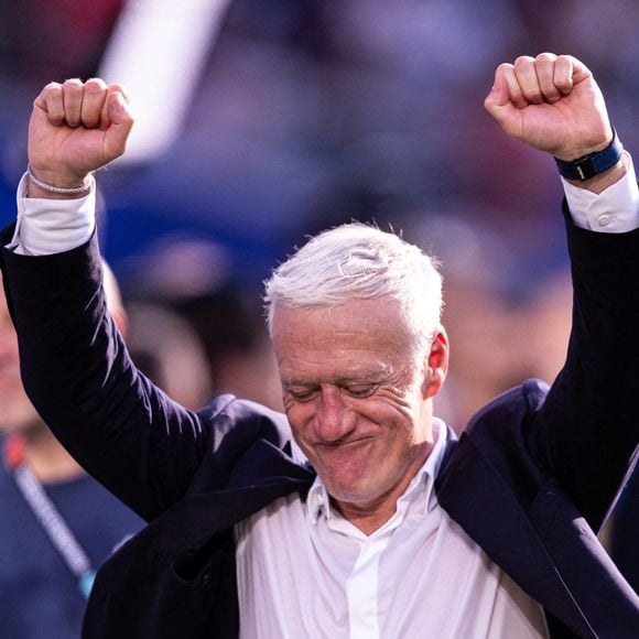 Didier Deschamps, sélectionneur de l'équipe de France, célèbre la victoire de son équipe à l'issue du quart de finale de la Coupe du monde de la FIFA 2026 opposant la France au Maroc, au Boston Stadium, le 9 juillet 2026 à Foxborough, aux États-Unis. (Photo de Victor Monteiro/PxImages) (Crédit photo : © Victor Monteiro/PX Imagens via ZUMA Press Wire/ABACAPRESS.COM)