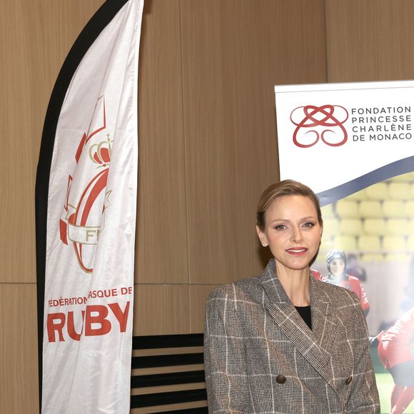 La Princesse Charlène de Monaco assiste au 2ème concours créatif du maillot qui sera porté par l'équipe nationale monégasque de rugby à VII des moins de 16 ans. 
© Claudia Albuquerque / Bestimage