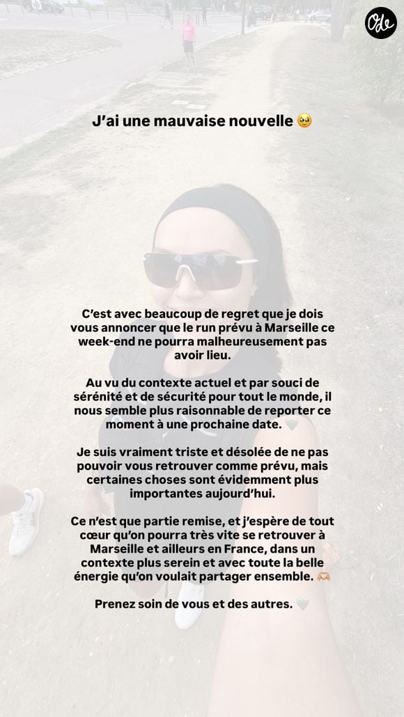 "Au vu du contexte actuel, et par souci de sérénité et de sécurité pour tout le monde, il nous semble plus raisonnable de reporter ce moment à une prochaine date" 

Diane Leyre annule un rassemblement prévu à Marseille lors de la course Marseille-Cassis ce dimanche 25 octobre