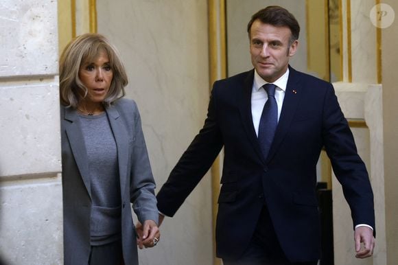 Emmanuel Macron et Brigitte Macron à la cérémonie pour les récompenses Ilan Halimi à l'Elysée le 13 février 2025. © Yoan Valat/Pool/Bestimage
