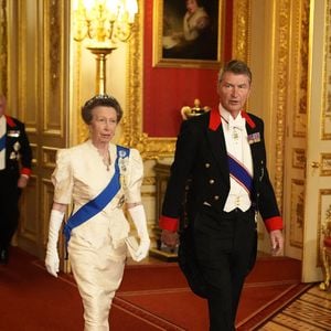 La princesse royale et le vice-amiral Sir Tim Laurence arrivent au banquet d'État au château de Windsor, dans le Berkshire, le premier jour de la deuxième visite d'État au Royaume-Uni du président américain Donald Trump et de la première dame Melania Trump. Mercredi 17 septembre 2025. Photo by Aaron Chown/PA Wire/ABACAPRESS.COM