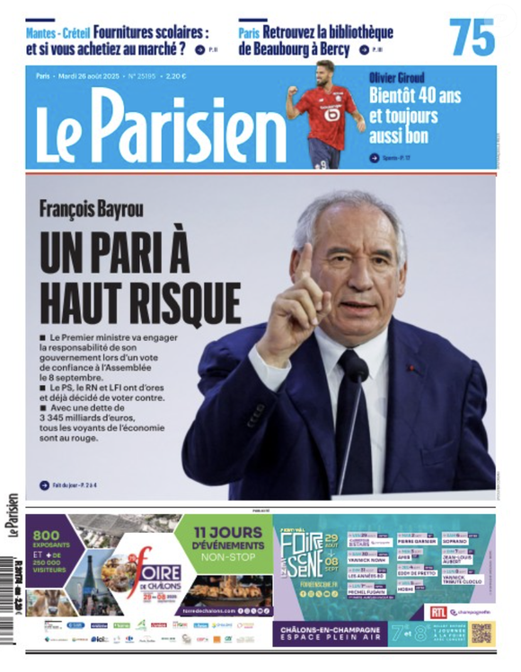 Couverture du journal "Le Parisien" du 26 août 2025.
