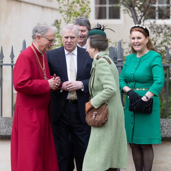 La princesse Anne, le prince Andrew, duc d’York, Sarah Ferguson, duchesse d’York, Timothy Laurence - Les membres de la famille royale britannique arrivent à la chapelle Saint-George pour assister à la messe de Pâques. Windsor, le 31 mars 2024.