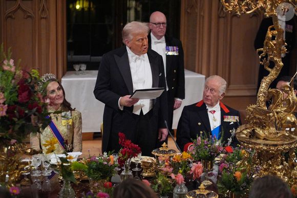 Donald J. Trump et le roi Charles III d'Angleterre lors du banquet d'Etat au château de Windsor en l'honneur de la visite officielle de président Donald Trump et de la Première dame Melania au Royaume-Uni. © PA Photo/ Bestimage