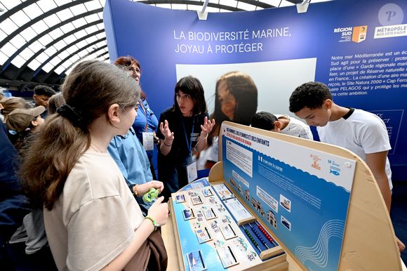 Visite inaugurale de "La Baleine", le temps de l'UNOC, la conférence de l'ONU sur les océans, en présence de Christian Estrosi, le maire de Nice, Olivier Poivre d’Arvor, l'ambassadeur pour les pôles et les enjeux maritimes au Ministère de l’Europe et des Affaires étrangères, Laurent Hottiaux, le nouveau préfet des Alpes-Maritimes, Ashok Adicéam, le délégué général de l'UNOC en charge du projet, Richard Chemla. l'adjoint délégué à la transition écologique et énergétique, à la santé et au bien-être, et Olivier Bettati, délégué général de la mission UNOC à la mairie de Nice, au Palais des expositions à Nice, le 2 juin 2025.
 © Bruno Bebert/Bestimage