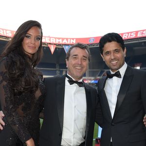 Exclusif - Jade Foret, son mari Arnaud Lagardère et Nasser Al-Khelaifi, le président du Paris Saint-Germain (PSG) - 5ème dîner de gala de la fondation Paris Saint-Germain au parc des Princes à Paris, France, le 15 mai 2018 © Rachid Bellak/Bestimage