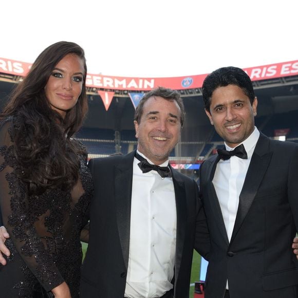 Exclusif - Jade Foret, son mari Arnaud Lagardère et Nasser Al-Khelaifi, le président du Paris Saint-Germain (PSG) - 5ème dîner de gala de la fondation Paris Saint-Germain au parc des Princes à Paris, France, le 15 mai 2018 © Rachid Bellak/Bestimage