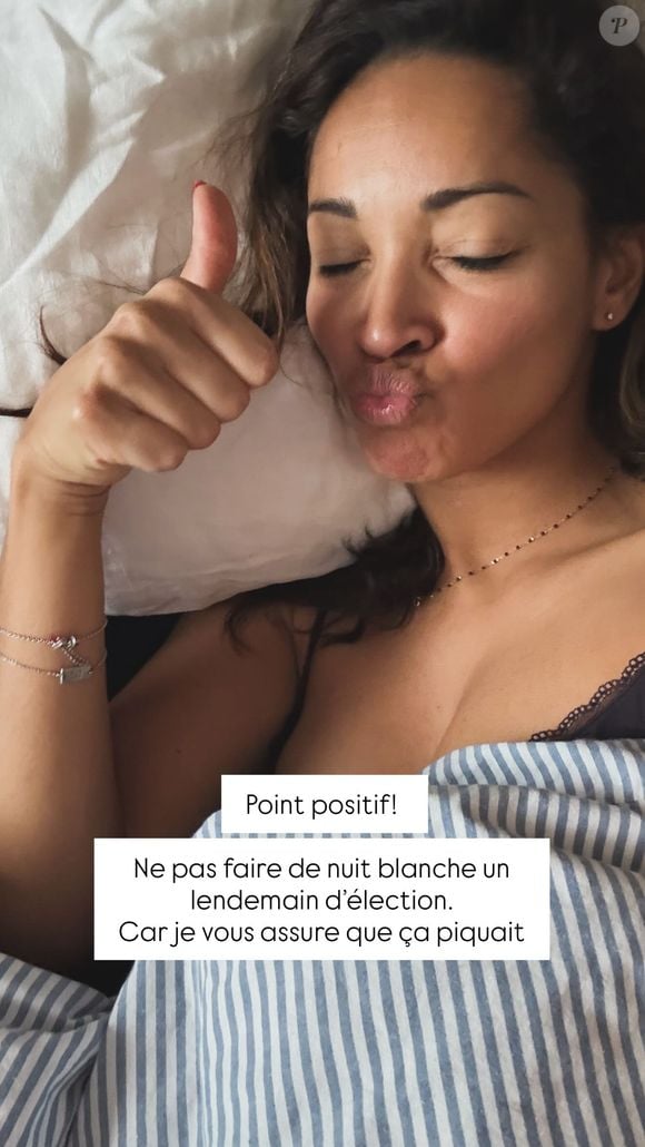 "Point positif ! Ne pas faire de nuit blanche en lendemain d’élection car je vous assure que ça piquait", a écrit Cindy Fabre en légende d’une photo d’elle, tranquillement en train de se reposer sur son lit.

Cindy Fabre partage une story Instagram ce 7 décembre 2025