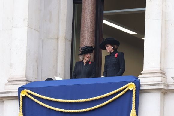 Camilla Parker Bowles, reine consort d'Angleterre, Catherine (Kate) Middleton, princesse de Galles - La famille royale honore les disparus des deux guerres mondiales lors de la cérémonie Remembrance Sunday ( Dimanche du souvenir ) au Cénotaphe à Londres le 12 novembre 2023.