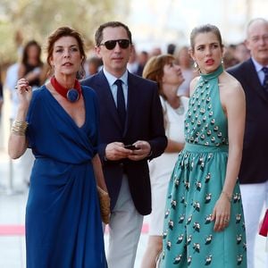 La princesse Caroline de Hanovre, Gad Elmaleh et sa compagne Charlotte Casiraghi arrivant à la soirée pour l'inauguration du nouveau Yacht Club de Monaco, Port Hercule, le 20 juin 2014. Cyril Dodergny / Nice Matin / Bestimage