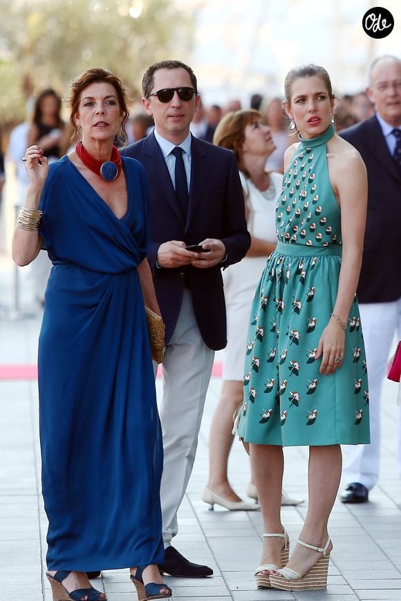La princesse Caroline de Hanovre, Gad Elmaleh et sa compagne Charlotte Casiraghi arrivant à la soirée pour l'inauguration du nouveau Yacht Club de Monaco, Port Hercule, le 20 juin 2014. Cyril Dodergny / Nice Matin / Bestimage