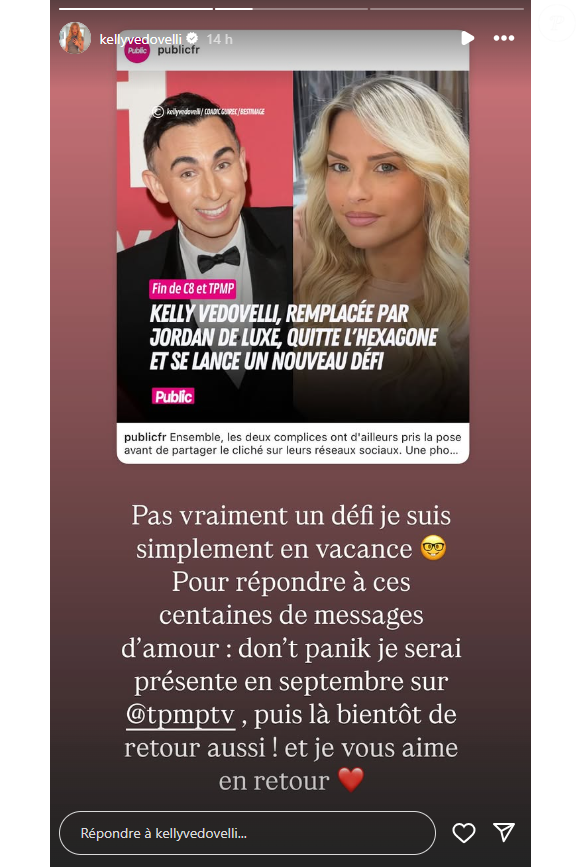 Sur Instagram, Kelly Vedovelli évoque son avenir dans l'émission.

Kelly Vedovelli évoque son avenir dans "Touche pas à mon poste", sur Instagram.