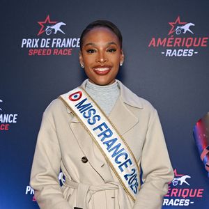 Angélique Angarni-Filopon, Miss France 2025 assiste au Prix de France Vitesse à l'Hippodrome de Vincennes le 9 février 2025. Photo par Laurent Zabulon/ABACAPRESS.COM