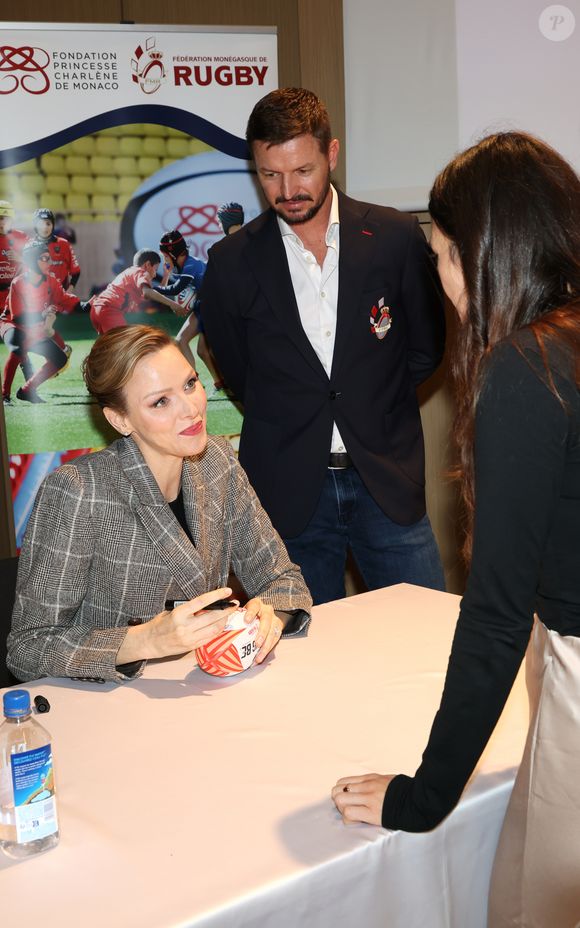La Princesse Charlène de Monaco assiste au 2ème concours créatif du maillot qui sera porté par l'équipe nationale monégasque de rugby à VII des moins de 16 ans. 
© Claudia Albuquerque / Bestimage
