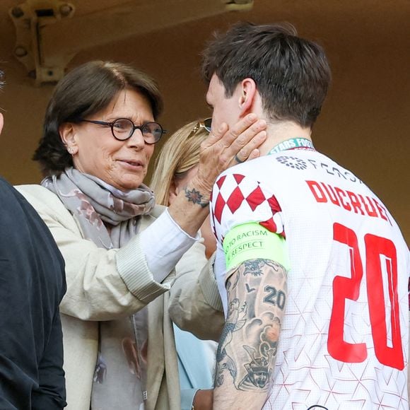 La princesse Stéphanie de Monaco, Louis Ducruet - La famille princière de Monaco assiste au match de football Racing Stars Football Cup opposant les pilotes Nazionale Piloti contre les Barbagiuans au stade Louis II à Monaco le 21 mai, 2025. © Claudia Albuquerque/Bestimage