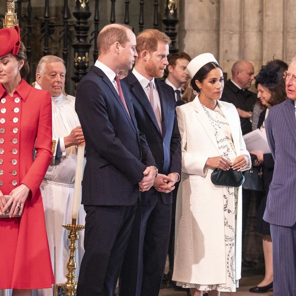 Catherine Kate Middleton, duchesse de Cambridge, le prince William, duc de Cambridge, le prince Harry, duc de Sussex, Meghan Markle, enceinte, duchesse de Sussex, le prince Charles, prince de Galles lors de la messe en l'honneur de la journée du Commonwealth à l'abbaye de Westminster à Londres le 11 mars 2019. EXPRESS SYNDICATION / BESTIMAGE