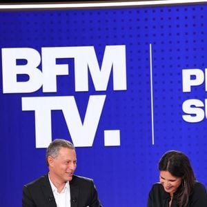 Marc-Olivier Fogiel et Apolline de Malherbe lors de la conférence de presse de rentrée BFM TV. - RMC du groupe Altice France à Paris, France, le 31 août 2023. © Coadic Guirec/Bestimage