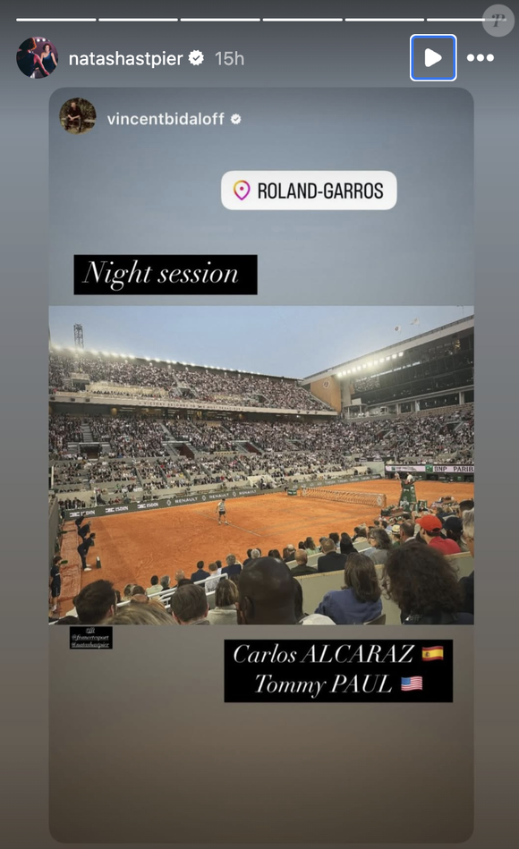 Les amoureux ont assisté au match de quarts de finale qui a opposé l'Espagnol Carlos Alcaraz et l'Américain Tommy Paul. 

Natasha St Pier et son compagnon ont assisté au match de Carlos Alcaraz à Roland-Garros le 3 juin 2025 Instagram @natashastpier
