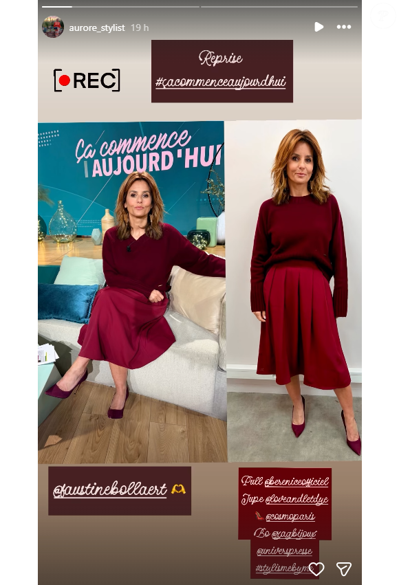 Faustine Bollaert s'affiche en total look bordeaux.