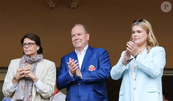 La princesse Stéphanie de Monaco, le prince Albert II de Monaco, Camille Gottlieb - La famille princière de Monaco assiste au match de football Racing Stars Football Cup opposant les pilotes Nazionale Piloti contre les Barbagiuans au stade Louis II à Monaco le 21 mai, 2025. © Claudia Albuquerque/Bestimage