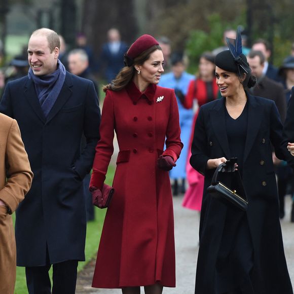 Le prince de Galles, le duc de Cambridge, la duchesse de Cambridge, la duchesse de Sussex et le duc de Sussex arrivent pour assister au service religieux du matin de Noël à l'église St Mary Magdalene à Sandringham, Norfolk, Royaume-Uni, mardi 25 décembre 2018. Photo Joe Giddens/PA Wire/ABACAPRESS.COM
