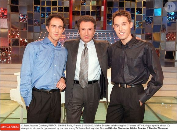 Nicolas Bienvenue, Michel Drucker et Damien Thevenot à Paris, France, 31 octobre 2000. © Jean Jacques Datchary/ABACA.