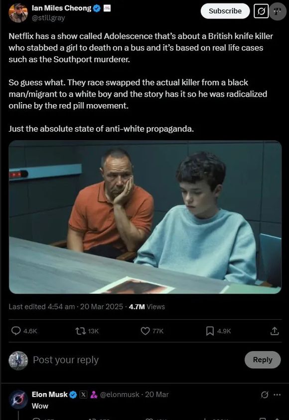 Capture d'écran d'un tweet qui relaie de fausses informations sur la série "Adolescence" et commentée par Elon Musk