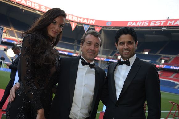 Exclusif - Jade Foret, son mari Arnaud Lagardère et Nasser Al-Khelaifi, le président du Paris Saint-Germain (PSG) - 5ème dîner de gala de la fondation Paris Saint-Germain au parc des Princes à Paris, France, le 15 mai 2018. Rachid Bellak/Bestimage