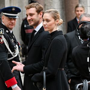 Pierre Casiraghi et sa femme Beatrice Borromeo - Obsèques de Didier Guillaume (ancien ministre de l'Agriculture entre 2018 et 2020 et ancien Ministre d'Etat de Monaco 2024–2025) en la cathédrale Notre-Dame-Immaculée de Monaco le 23 janvier 2025. © Bruno Bebert/Bestimage