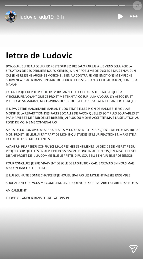 Ludovic de "L'amour est dans le pré" s'exprime sur Instagram après les propos de son ex-compagne Julia. Capture Instagram