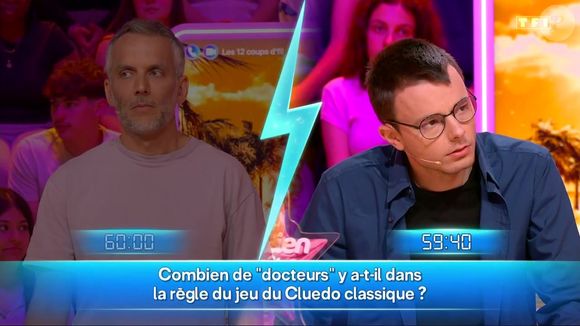 Émilien et Romain lors de l'émission des "12 coups de midi" diffusée le 6 juillet 2025 sur TF1 (coup fatal).

Capture d'écran TF1