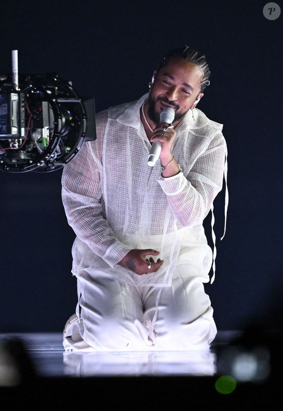 Slimane lors de la première répétition générale avant la finale de la 68ème édition du Concours Eurovision de la chanson (ESC) à la Malmö Arena, en Suède, le 10 mai 2024. 

© Jessica Gow /TTNews/Bestimage