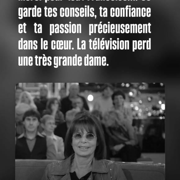 L'animatrice a salué ses conseils, sa confiance et sa passion pour la télévision.

Faustine Bollaert rend hommage à Françoise Coquet en story sur Instagram.