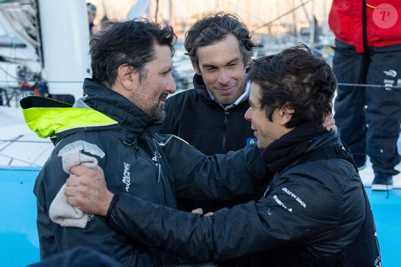 Le Podium du Vendée Globe 2024-2025 - Yoann Richomme (2ème), Charlie Dalin (1er) et Sebastien Simon (3eme) - Les Sables d'Olonne le 17/01/2025