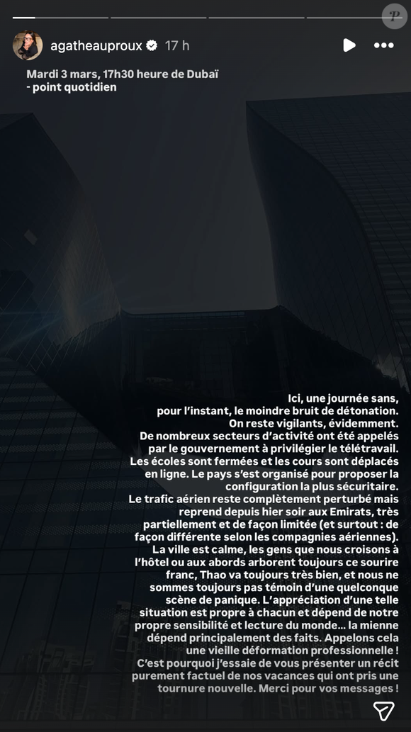Story Instagram d'Agathe Auproux du mardi 3 mars 2026.