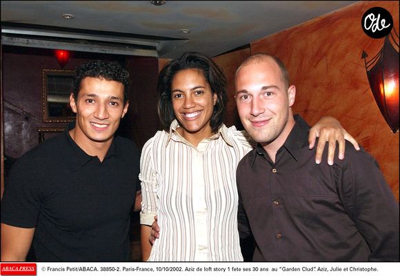 Aziz, Julie et Christophe de loft story au Garden Club, Paris, France, le 10/10/2002. Crédit Francis Petit/Abaca