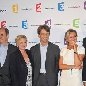 Matthieu Noël, Pierre Lescure, Anne-Elisabeth Lemoine, Bruno Patino, Anne Sophie Lapix et Maxime Switek - Conférence de presse de rentrée de France Télévisions au Palais de Tokyo à Paris, le 26 août 2014.  Giancarlo Gorassini/Bestimage