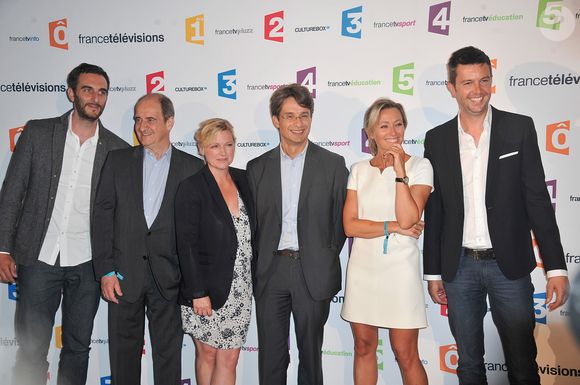 Matthieu Noël, Pierre Lescure, Anne-Elisabeth Lemoine, Bruno Patino, Anne Sophie Lapix et Maxime Switek - Conférence de presse de rentrée de France Télévisions au Palais de Tokyo à Paris, le 26 août 2014.  Giancarlo Gorassini/Bestimage