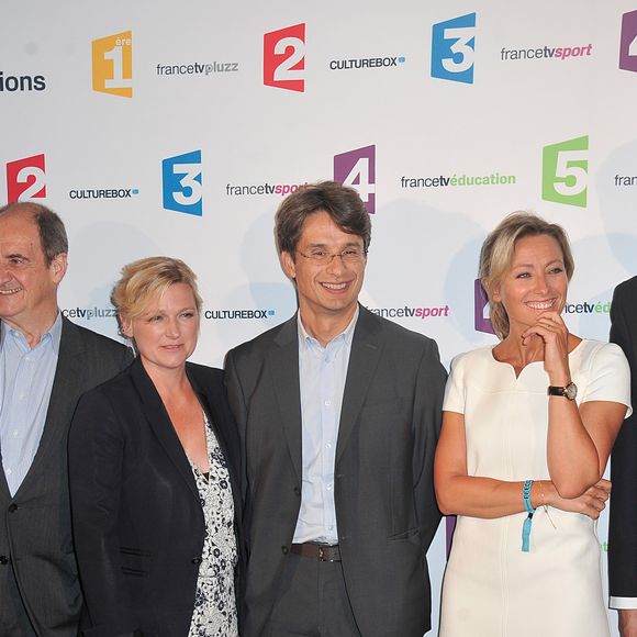 Matthieu Noël, Pierre Lescure, Anne-Elisabeth Lemoine, Bruno Patino, Anne Sophie Lapix et Maxime Switek - Conférence de presse de rentrée de France Télévisions au Palais de Tokyo à Paris, le 26 août 2014.  Giancarlo Gorassini/Bestimage