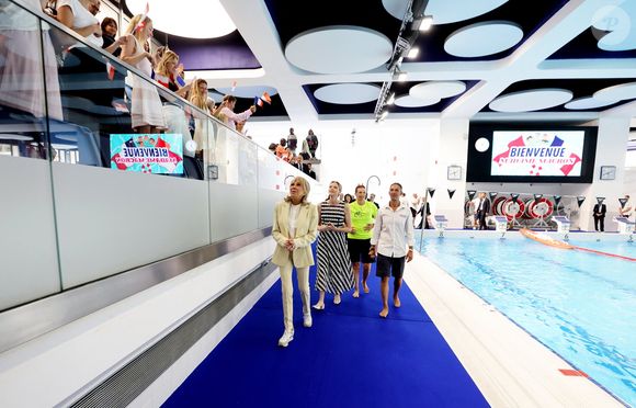 Brigitte Macron, La princesse Charlène de Monaco, Pierre Frolla lors de l'opération Water Safety Day à la piscine du stade Louis II à Monaco le 8 juin 2025.
© Dominique Jacovides / Bestimage